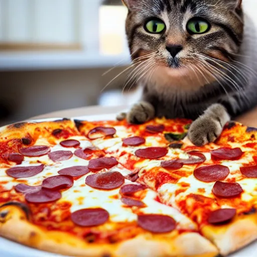 Prompt: cat eating a slice of cheesy pizza, cat eating, pizza in a cat's mouth, eating a pizza, paws holding pizza, cat eating a slice