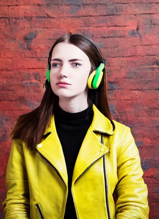 Prompt: young adult woman in a coffee shop wearing bright yellow headphones and a leather jacket looking unamused, natural light, oil painting