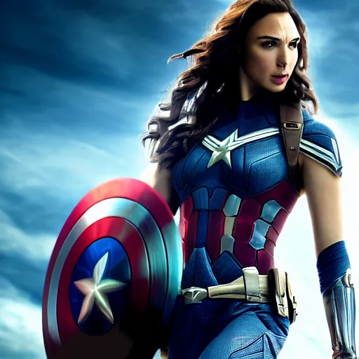 Image similar to screenshot of gal gadot as captain america. 4 k. action pose.