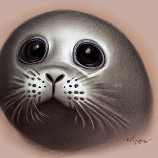 Prompt: happy and cute face of baby seal made by nebula space, face only, big smile, pencil drawing, pastel, smooth, by marc simonetti