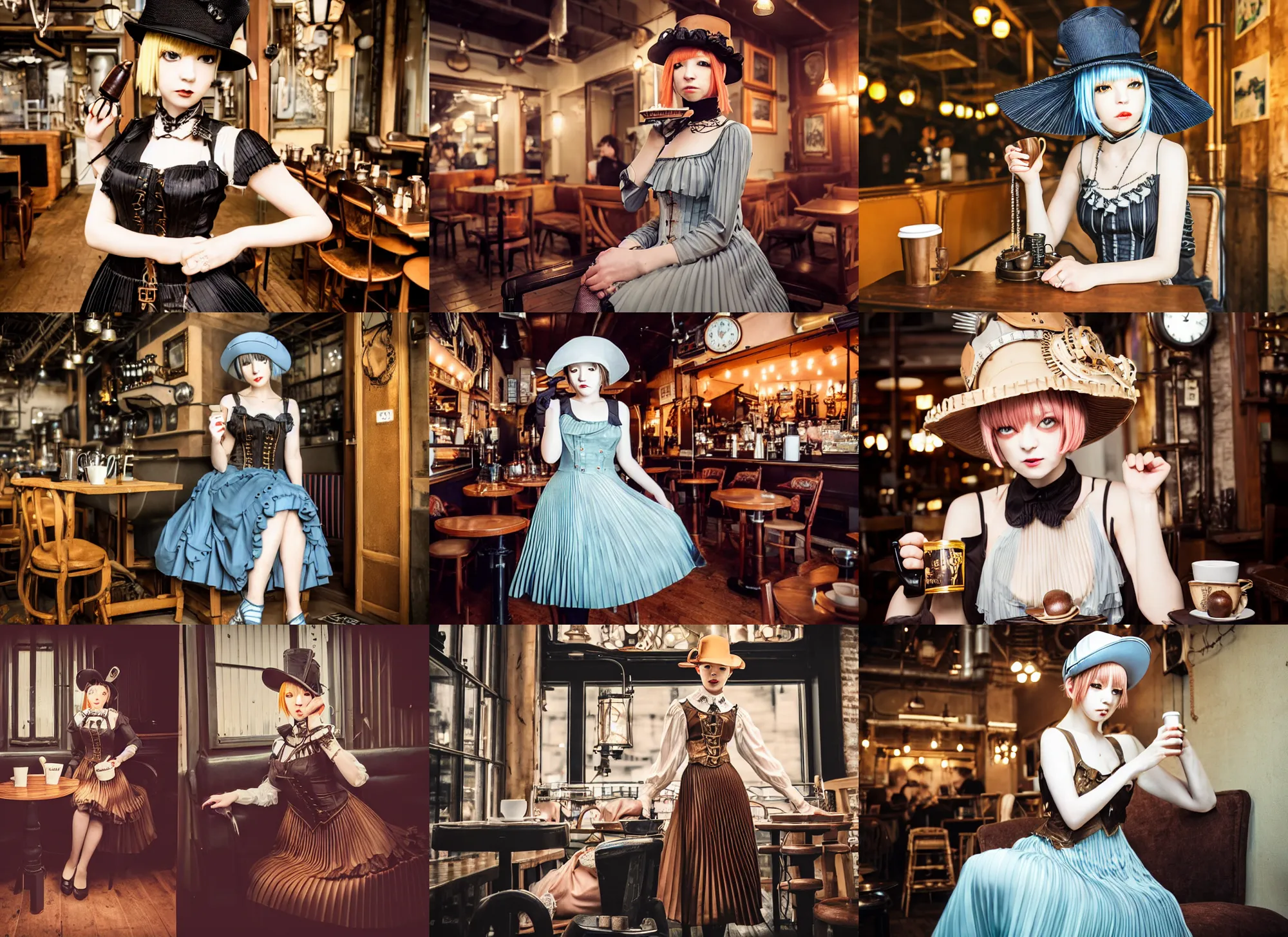 Prompt: full body portrait photo of reol wearing a elegant pleated steampunk dress, open top, wearing a cute hat, drinking coffee in a ( ( busy ) ) steampunk cafe interior, dim studio lighting, at night, ( ( photograph ) ), moody, realistic, detailed, low light, skin tinted a warm tone, light blue filter, victorian