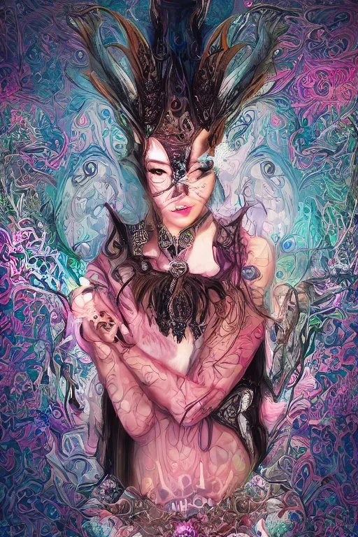 Image similar to highly detailed, digital painting of a beautiful arcane witch in a dark intricate ornate fractal-lace and gemstones mask, wearing a stunning silky bio-luminiscent neon-noir neo-goth dress, subdued dark pastel colors palette, full view, soft lighting, vivid, Hyperdetailed, 4k hd matte, 8k resolution, enchanting and otherworldly, detailed, front view, Portrait backlighting, Kodakchrome, high contrast, Gsociety, trending on ArtstationHQ, dreamscape maximized.