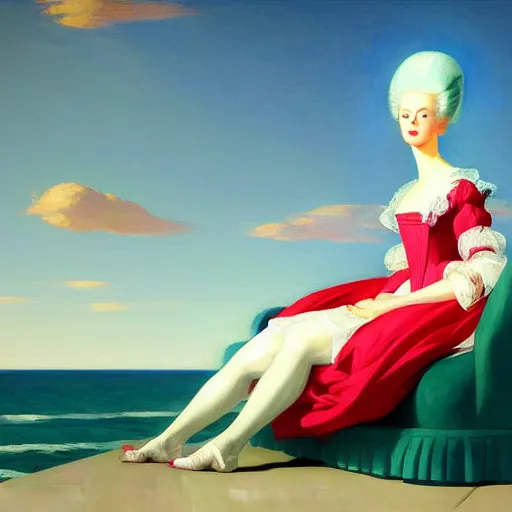 Prompt: A beautiful painting of Marie Antoinette levitating over the sea, digital art by Edward Hopper, vibrant color scheme, highly detailed, in the style of romanticism, fine Art, high detail, great lighting, 8k resolution, masterpiece, concept art, illustration, clear eyes, soft lighting, soft details, painting oil on canvas, octane render, HDR, trending on artstation, 4k, 8k, HD