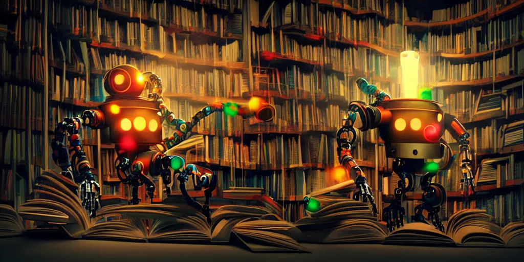 Image similar to A frightening multi armed evil robot devouring books with pipes and tubes and pages floating down, hyperealistic very colourful hdr cinematic lighting cgi render photorealistic cinematic octane render