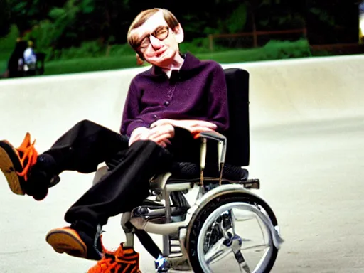 Prompt: Stephen hawking in a Skatepark