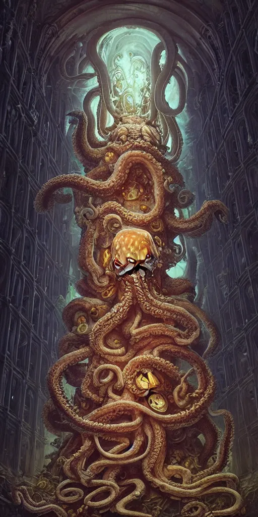 Image similar to high ranked mage with big octopus head and a lot of translucent jellyfishes floating around inside an ancient mage castle hall colossal scale, gothic and baroque, brutalist architecture, ultradetailed, Intricate by Ellen Jewett and Josan Gonzalez and Giuseppe Arcimboldo