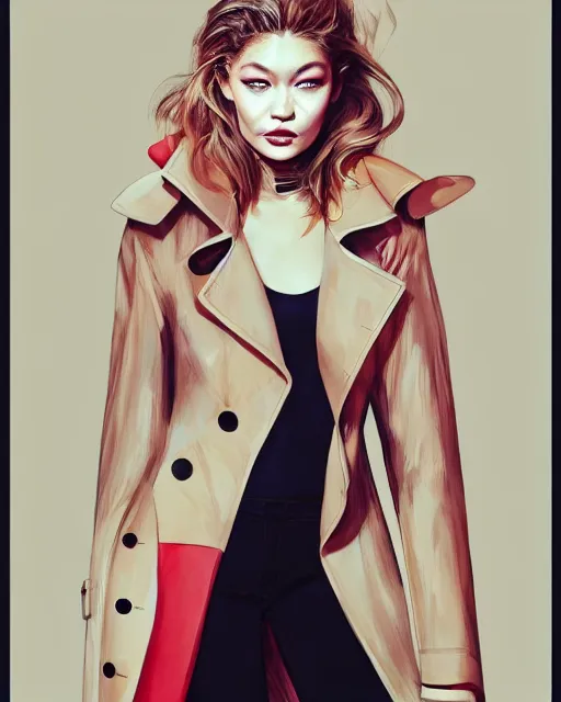 Prompt: gigi hadid wearing fashionable trench coat, volumetric lighting, conrad roset, jesper ejsing, artgerm, artstation, halo of light