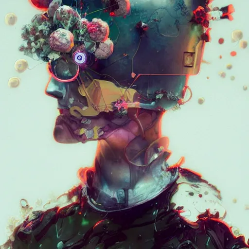 Image similar to surreal gouache painting, by yoshitaka amano, by ruan jia, by conrad roset, by kilian eng, by good smile company, detailed anime 3 d render of a mechanical melting android head with flowers growing out, portrait, cgsociety, artstation, modular patterned mechanical costume and headpiece, retrowave atmosphere