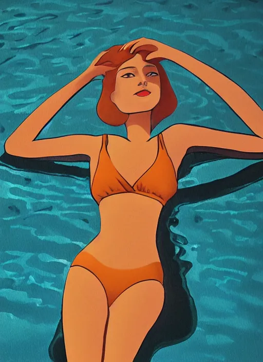 Image similar to a girl, in retro swimsuit, lying by the pool, 7 0 - s, minimalist oil painting by ryo takemasa, shinkai, makoto, kiuchi, tatsuro flat colors, beautiful lightning, sharp, poster