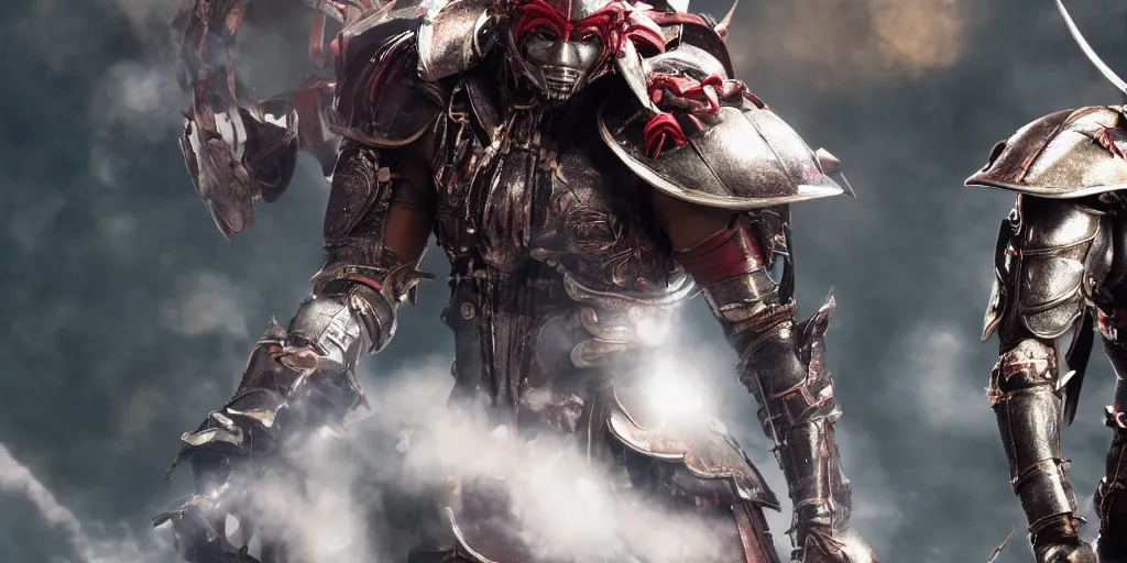 Image similar to a film still of a black man starring in a japanese blockbuster film as yoshimitsu, shallow depth of field, cinematic, award winning cgi, vfx, film still