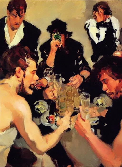 Prompt: glam rocker drinking brutal and raw wine with his friends by joaquin sorolla, phil hale, greek style