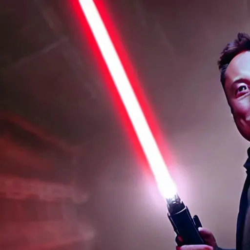 Prompt: film still of elon musk holding a red lightsaber