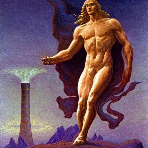 Prompt: Prometheus bringing nuclear power to the earth, in the style of a Jean Delville painting, expressive