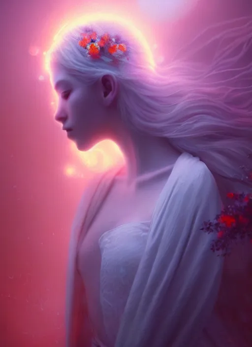 Image similar to a beautiful majestic young white queen with flowers on her orange hair, glowing light orbs, intricate concept art, elegant, digital painting, smooth, sharp focus, ethereal mist, deep colors, illuminated lines, outrun, vaporware, dark background, cyberpunk darksynth, ethereal, ominous, misty, 8 k, rendered in octane, by ruan jia and miho hirano