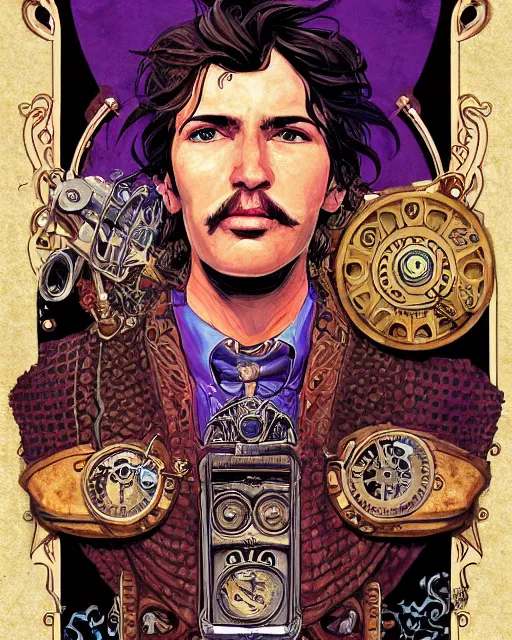 Image similar to a detailed portrait illustration of a steampunk songmage - bard. handsome male face, female body. art nouveau, pop art, comic book style. influenced by neil gaiman, h. p. lovecraft, dan mumford, brian froud, vadim voitekhovitch, killian eng, ross tran, ed emshwiller.