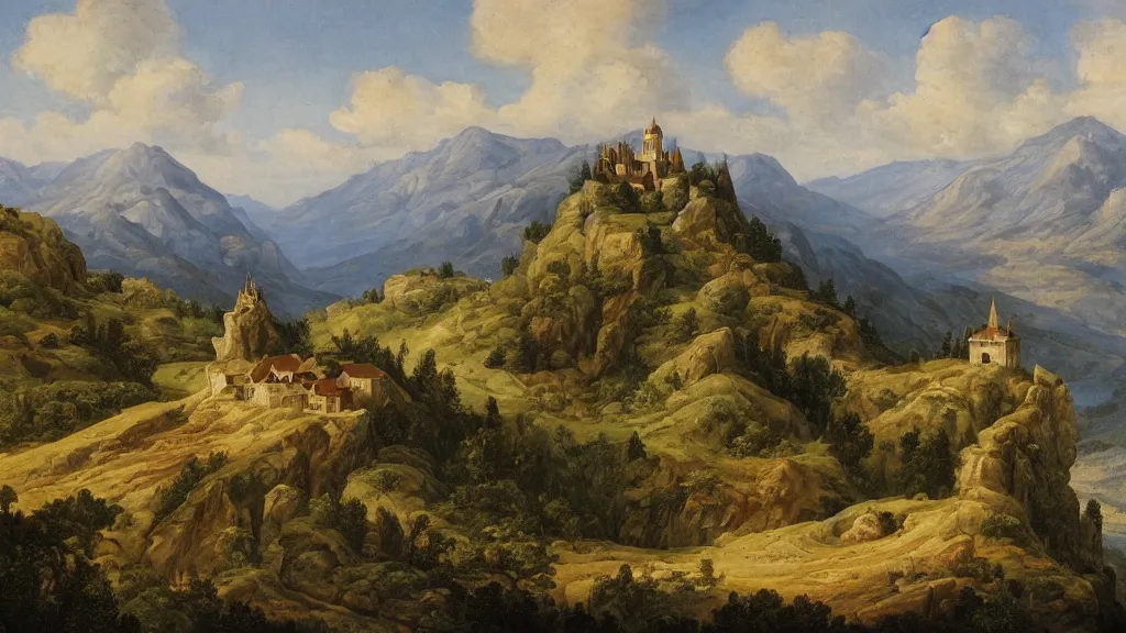 Image similar to detailed naturalism landscape painting of a monastery on the top of a rough, steep mountain with great view on other mountains, epic