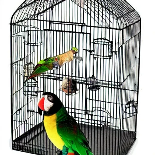 Image similar to a bird cage with a pug parrot hybrid
