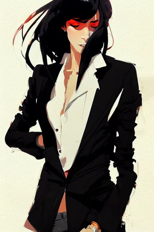 Image similar to a ultradetailed beautiful panting of a stylish woman in a black blazer, by conrad roset, greg rutkowski and makoto shinkai, trending on artstation