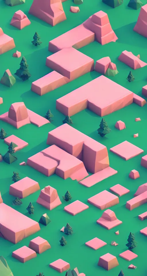 Image similar to a cute little matte low poly isometric cherry blossom forest island, pink waterfalls, mist, lat lighting, soft shadows, trending on artstation, 3d render, monument valley, fez video game, rule of thirds