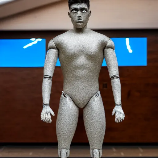 Image similar to a realistic detailed photo of a guy who is an attractive humanoid who is half robot and half humanoid, who is a male android, wrestler nick suriano, shiny skin, posing like a statue, blank stare, by the pool, on display, showing off his muscles, humanoid robot, frozen ice statue