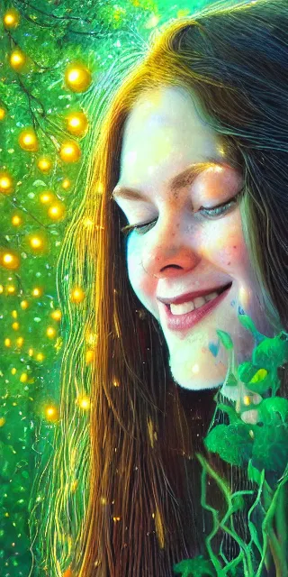 Prompt: infp young woman, smiling amazed, golden fireflies lights, sitting in the midst of nature fully covered, long loose red hair, intricate linework, bright accurate green eyes, small nose with freckles, oval shape face, realistic, expressive emotions, dramatic lights magical scene, hyper realistic ultrafine art by michael cheval, jessica rossier, boris vallejo