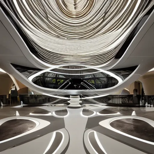 Image similar to extremely detailed ornate stunning beautiful elegant futuristic museum lobby interior by Zaha Hadid