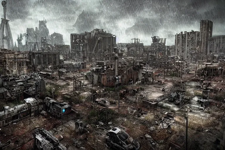 Prompt: rainy!!, ruined city!!, fallout, post apocalyptic, dystopian, futuristic machines