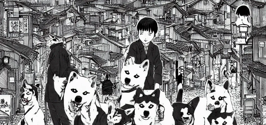 Prompt: shiba inu in a Japanese town by Junji Ito