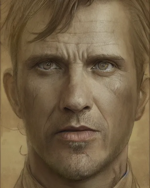 Image similar to portrait of 4 0 - year - old man, with a pale face with premature lines, and light brown hair going grey, wearing in shirt, hyper realistic face, beautiful eyes, fantasy art, in the style of greg rutkowski, intricate, alphonse mucha, hyper detailed, smooth