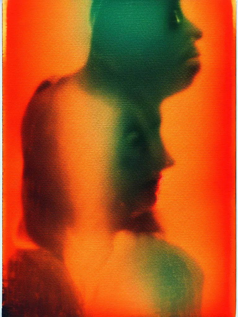 Image similar to a woman's face in the water, serene emotion, new polaroid, glitchy patterns, hazy, red, orange, yellow, soft lighting