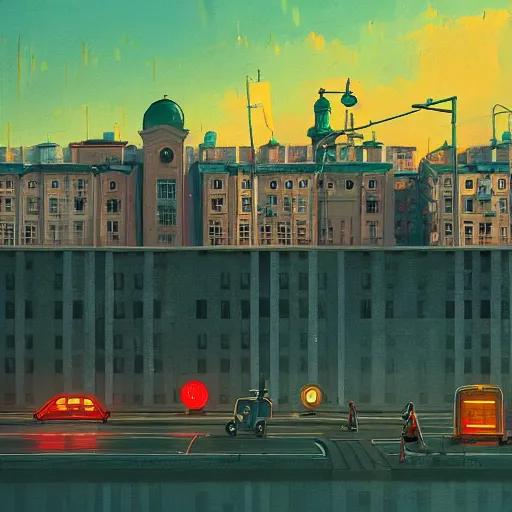 Prompt: evening in saint petersburg in style of simon stalenhag