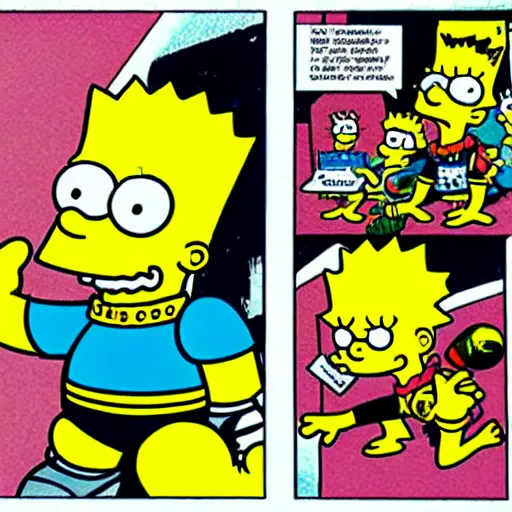 Image similar to a comic book page of the adventures of Bart Simpson by frank miller