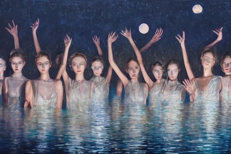 Image similar to 3 d, close - up, group of fashion models standing in a night lake with their hands raised to the bright moon, moon ryas, intricate oil painting, high detail, figurative art, multiple exposure, poster art, 3 d, by tooth wu and wlop and beeple