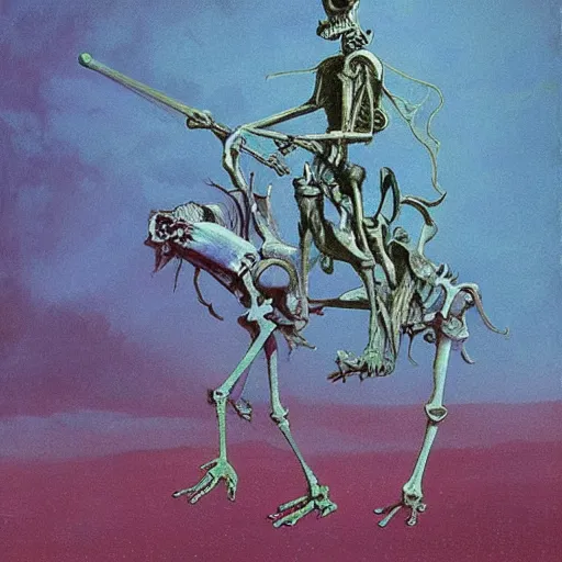 Prompt: muppet frog horseman riding a glowing baroque unicorn skeleton, foggy night, in style of tarot card, painting by beksinski, part by adrian ghenie and neo rauch, in color palette of francis bacon, eerie, mystical, sublime