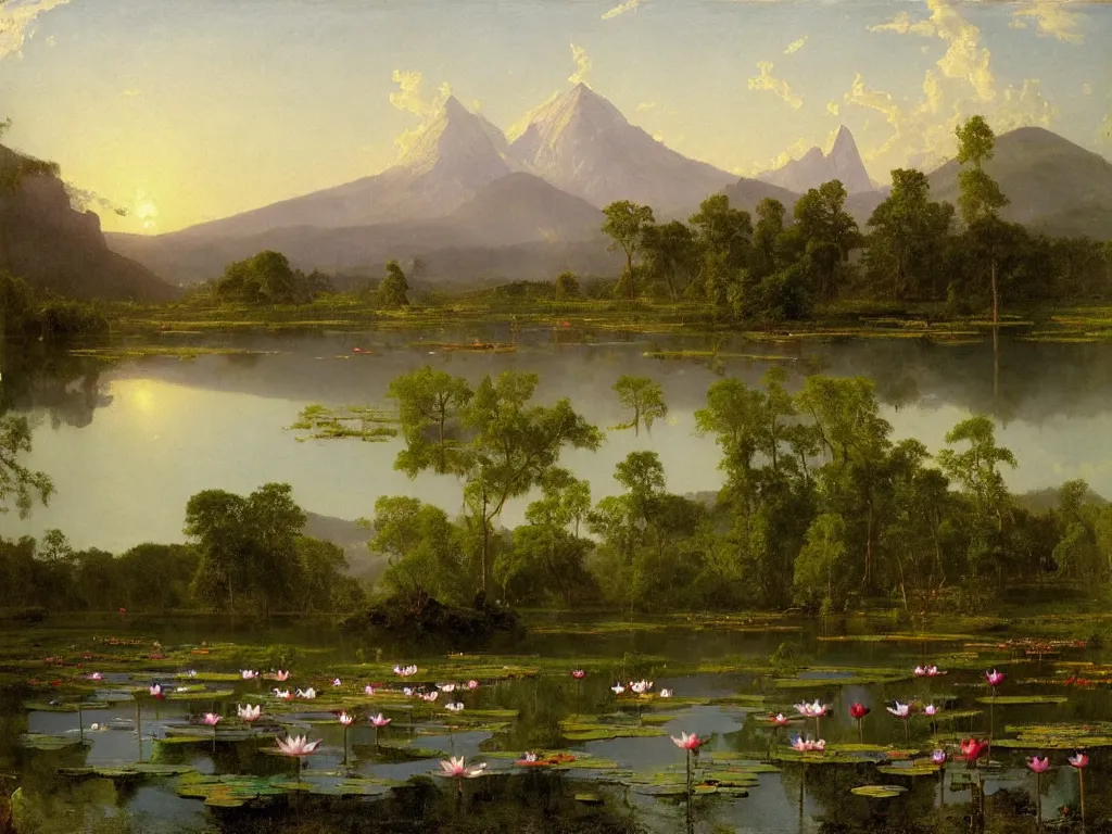 Prompt: alpine pond with water lilies, a single blooming gigantic lotus flower, and simple flat roof shacks in the background, landscape painting by Albert Bierstadt. lake under hazy mountains, Frederic Edwin Church. Hudson river school monumental landscape painting, view from above, wikimedia commons full resolution