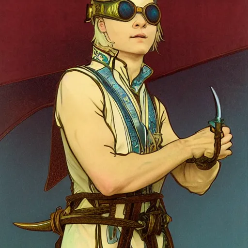 Image similar to portrait : : clearly visible face : : : swashbuckling albino rogue wearing ss uniform leather armor with hand on hilt : : tang dynasty sword with blowtorch flame for blade : : goggles pushed up on forehead : : concept art by rutkowski and alphonse mucha and barlowe