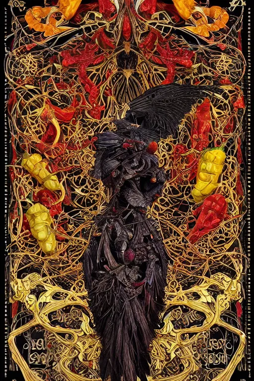 Prompt: intricate anatomical skeleton of a crow, crow skull, background consists of interwoven varities of superhot chili peppers, entanglement, -no human, bhut jolokia, carolina reaper, trinidad scorpion, voronoi, fibonacci sequence, leaves, by Moebius,Alphonse Mucha, peter mohrbacher, hiroshi yoshida, Art Nouveau, cgsociety, concept art, tweed colour scheme, psychedelic, complementary colour scheme, 3d