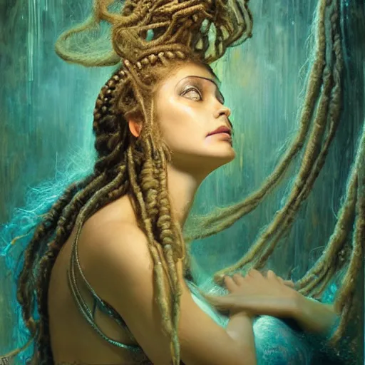 Image similar to birth of mami wata, sumerian goddess inanna ishtar, ashteroth, techno mystic goddess princess intergalactica, with aqua neon rapunzel dreadlocks, mami wata, detailed, by gaston bussiere, bayard wu, greg rutkowski, giger, maxim verehin, greg rutkowski, masterpiece, sharp focus,