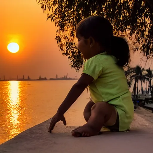 Image similar to a young baby girl sitting in mumbai watching the sunset