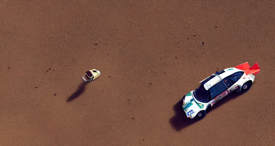 Image similar to Aerial view of a Lancia Stratos Rally car racing in a desert, landscape, center composition, cinematic, rendered by simon stålenhag, rendered by Beeple, Makoto Shinkai, syd meade, environment concept, digital art, unreal engine, WLOP, trending on artstation, 4K UHD image, octane render,
