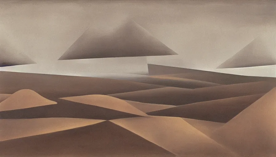 Image similar to Surrealist painting by Kay Sage depicting a landscape of flat, abstract geometric structures, overcast lighting