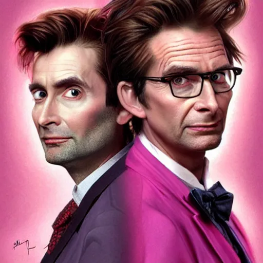 Image similar to david tennant and donald trump in pink clothes with the tenth doctor who, highly detailed, artstation, concept art, fantasy, smooth, sharp focus, illustration, perfect face, art by nikolay makovsky, jacek malczewski, arthur hughes, edward okun, franz xaver winterhalter