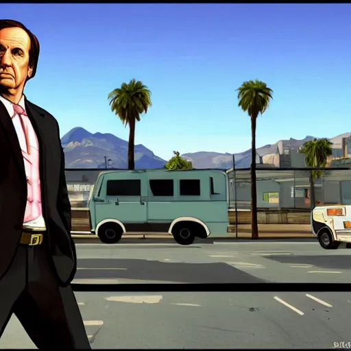 Image similar to Saul Goodman in GTA V . Los Santos in the background, palm trees. In the art style of Stephen Bliss.