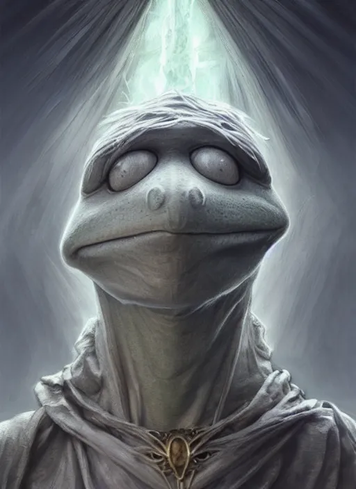 Image similar to Portrait of Kermit the Frog, white glowing eyes, silver hair, cloak, ethereal wings, male, fantasy, extremely detailed, digital painting, artstation, concept art, smooth, sharp focus, illustration, stunning lighting, art by artgerm and greg rutkowski and alphonse mucha and simon stalenhag, realistic character concept, high fantasy, light atmosphere, golden ratio, cinematic lighting, hyperdetailed, high resolution, insanely detailed and intricate, artstation, Marc Simonetti, Greg Rutkowski, 8k