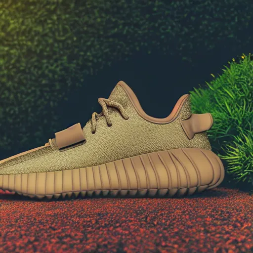 Prompt: A futuristic Yeezy shoe in the middle of a garden, vintage camera, dreamy, atmospheric, golden hour, cinematic lighting, 8K concept art, melancholy, detailed