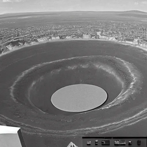 Prompt: a large nuclear crater in manhattan, realistic, taken on a ww 3 camera.