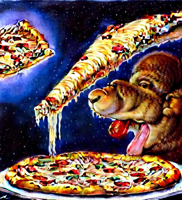 Prompt: hyper realistic derpy looking big chungus eating greasy pizza, pizza is everywhere, weird, strange, bizarre, surreal, epic composition, 2 0 0 mm focal length, donato giancola, tim hildebrandt, wayne barlow, bruce pennington, larry elmore, insanely quality, highly detailed, masterpiece, pizza light, artstation, 4 k