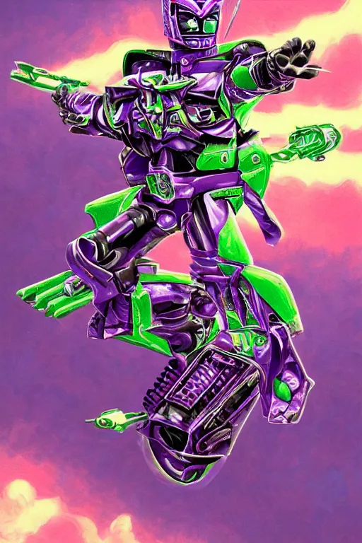 Prompt: portrait of cowboy johnny cash as purple green optimus prime power ranger from transformers surfing tonic stimulant fluids on air guitar zord UFO hoverboard, intricate, highly detailed, smooth, artstation, digital illustration by Lisa Frank and Ruan Jia and Mandy Jurgens and Artgerm and Wayne Barlowe and Greg Rutkowski and Zdislav Beksinski