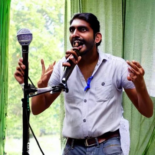 Prompt: a very sweaty indian man with a microphone - n 9