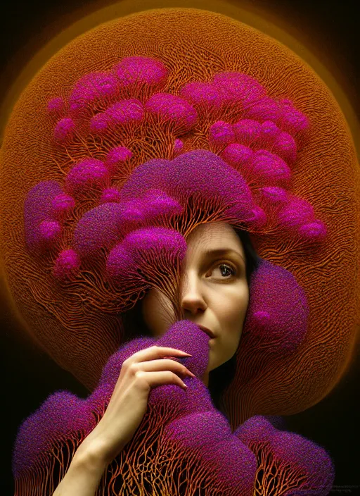 Image similar to hyper detailed 3d render like a Oil painting - Aurora (Singer) seen Eating of the Strangling network of yellowcake aerochrome and milky Fruit and Her delicate Hands hold of gossamer polyp blossoms bring dark fungal flowers whose spores black the foolish stars by Jacek Yerka, Mariusz Lewandowski, Houdini algorithmic generative render, Abstract brush strokes, Masterpiece, Edward Hopper and James Gilleard, Zdzislaw Beksinski, Mark Ryden, Wolfgang Lettl, hints of Yayoi Kasuma, octane render, 8k